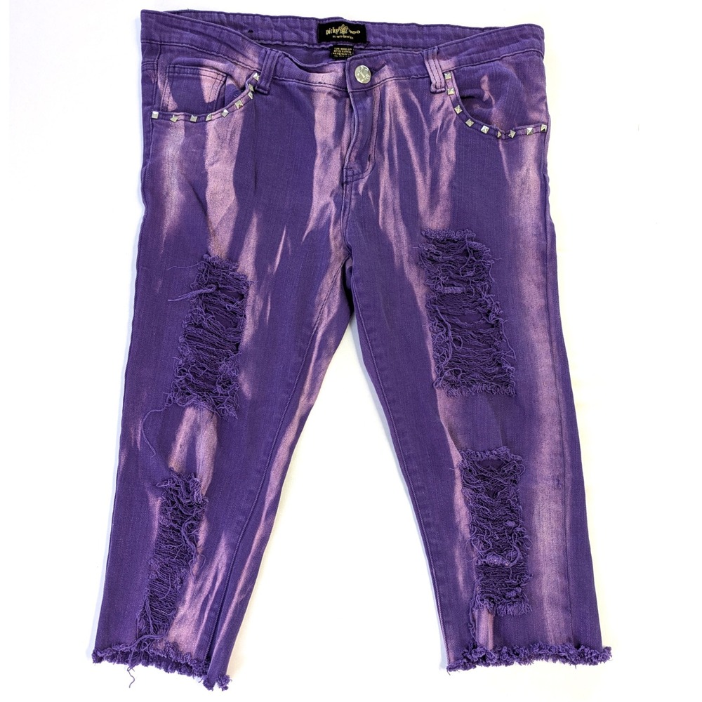 Picky Boo Purple Acid Wash Distressed Studded Capri Jean Shorts Size 11 Pickyboo